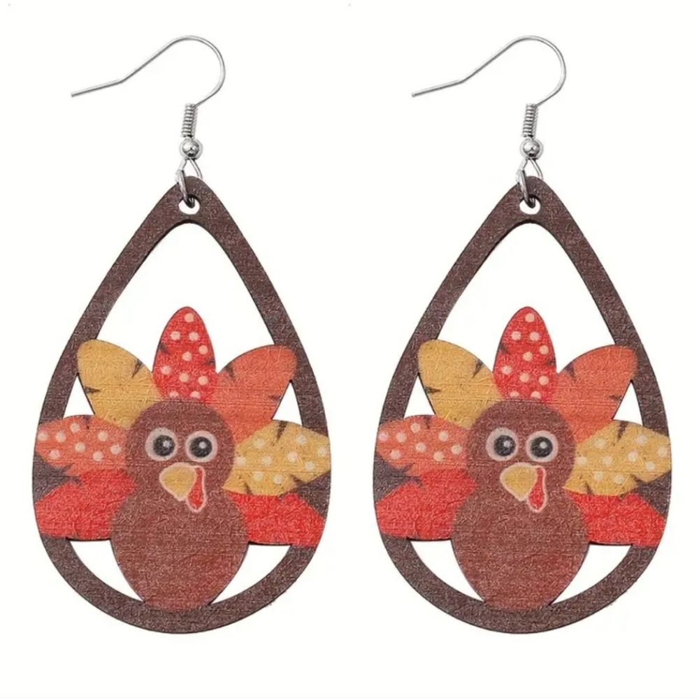 NWT Colorful Wooden Thanksgiving Turkey Dangle Earrings